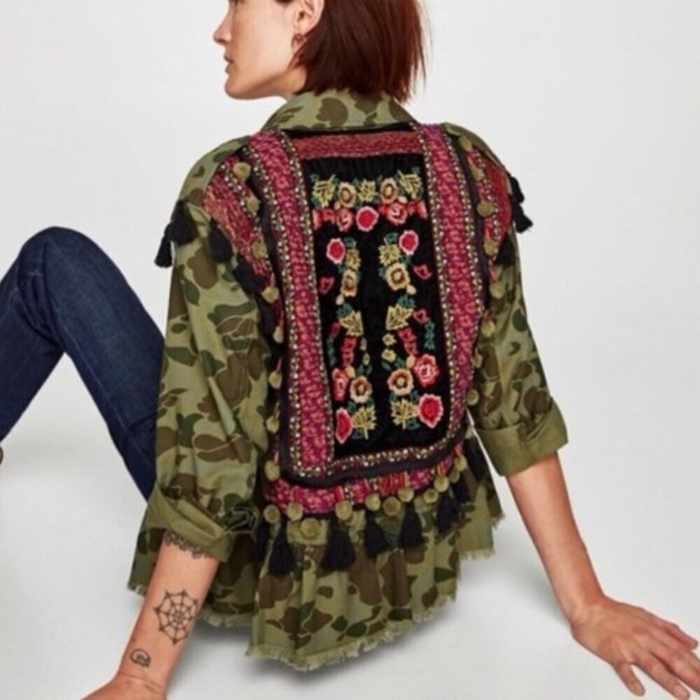 Zara Embroidered Floral Tassel Peplum Camo Jacket Size XS